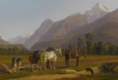 Landscape With Ploughmen And Horses In The Canton Of Valais by Иоганн Якоб Бидерман — digital art print download