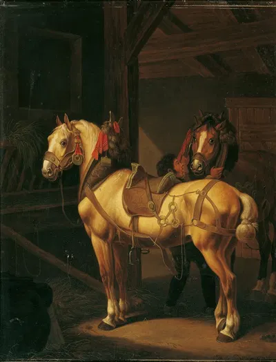 Zwei Zugpferde Im Stall by Johann Baptist Dallinger von Dalling, 1832 — digital art print download