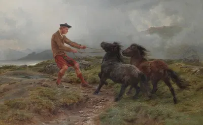 A Ghillie And Two Shetland Ponies In A Misty Landscape by Роза Бонёр — digital art print download