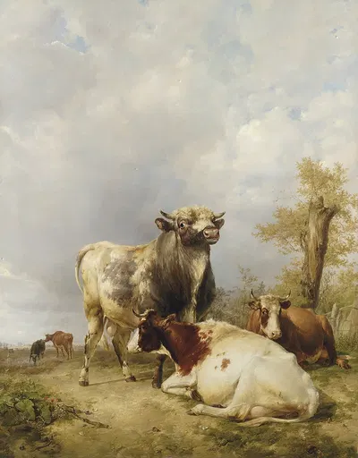 A Bull And Cows In A Landscape by Томас Сидни Купер, 1825 — digital art print download