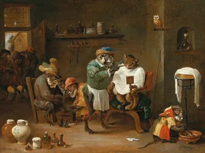 A cat in a barber shop, run by monkeys by Абрахам Теньерс — digital art print download