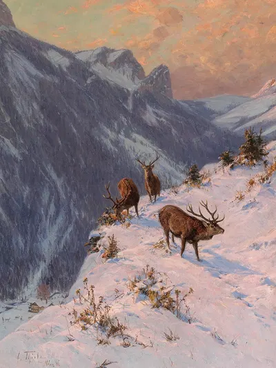 A Red Deer in Winter by Arthur Thiele, 1886 — digital art print download