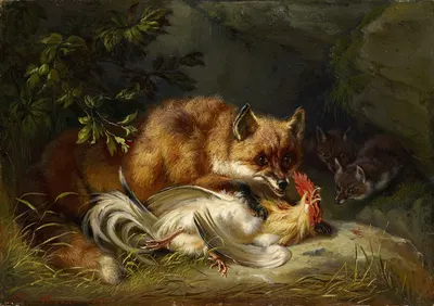 Fox Attacking a Cock by Benno Raffael Adam, 1855 — digital art print download