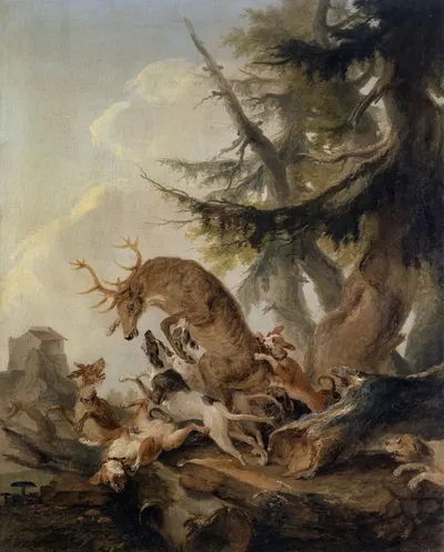 Stag, Attacked by a Pack of Hounds by Каспар Вольф, 1772 — digital art print download