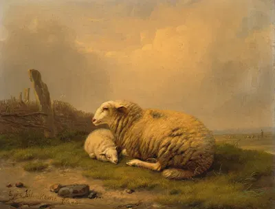 A resting sheep and a lamb by Южен Жозеф Вербокховен, 1840 — digital art print download