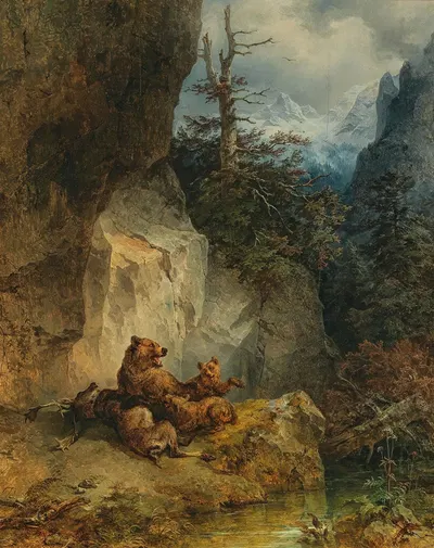 A mother bear and her cubs with a stag by Фридрих Август Маттиас Гаурманн, 1845 — digital art print download