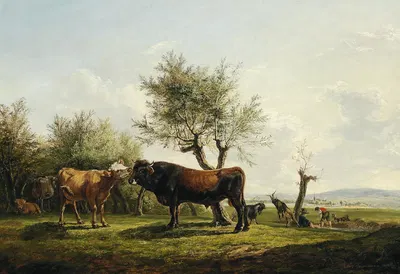 A Cow Licking a Bull in the Pasture by Фридрих Август Маттиас Гаурманн, 1824 — digital art print download
