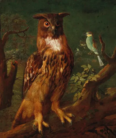 An owl and a blue tit sitting in a tree by Немецкая школа — digital art print download