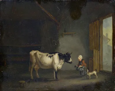 Girl with Cow in a Stable by Жак Альбер Сенав, 1788 — digital art print download