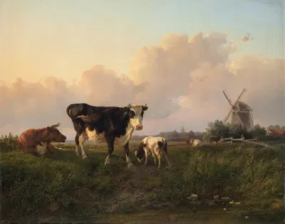 A flat landscape with cattle by Ян Бедейс Том, 1854 — digital art print download