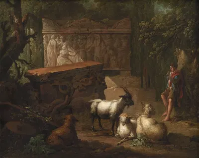 Antikke ruiner omgivet af træer, i forgrunden en hyrde og nogle geder by Johan Mandelberg, 1745 – 1786 — digital art print…