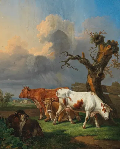 Cows Grazing in an Open Landscape by Johann Baptist Dallinger von Dalling, 1828 — digital art print download