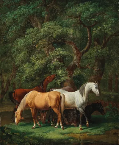 Horses Grazing under Oak Trees by Johann Baptist Dallinger von Dalling, 1828 — digital art print download