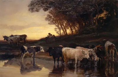 Cows at the Watering Place by Иоганн Рудольф Коллер, 1868 — digital art print download