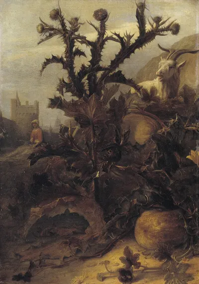 Thistle, Pumpkin and a Goat by Ламбер Думер, 1675 — digital art print download