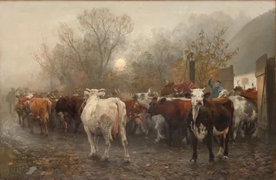 Driving Cows out of the Cowhouse by Otto Bache, 1885 — digital art print download