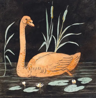 En svane på sort baggrund. Dekorativt udkast. by П. К. Сковгорд, 1816 - 1875 — digital art print download