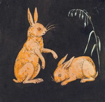 To harer (kaniner) på sort baggrund. Dekorativt udkast by П. К. Сковгорд, 1816 - 1875 — digital art print download