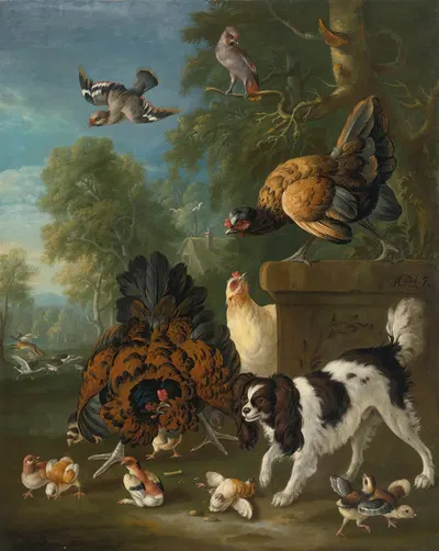 A Family Of Chickens Fending Off A Spaniel In A Landscape by Pieter Casteels III, 1728 — digital art print download