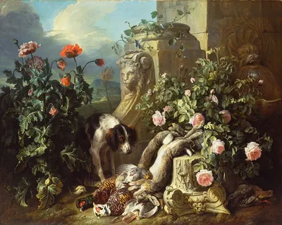 Dogs with Flowers and Dead Game by Александр Франсуа Деспор, c. 1715 — digital art print download