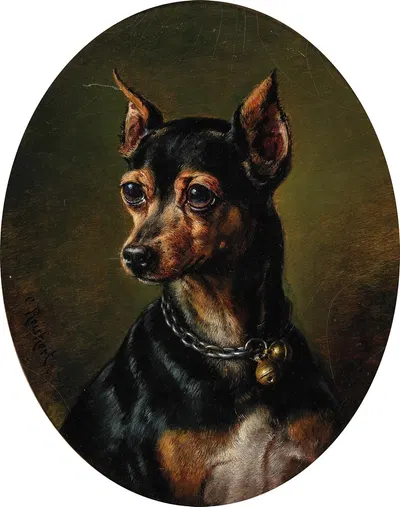 Pinscher in Collar with Bells by Carl Reichert — digital art print download