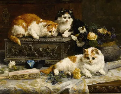 Three Watchful Kittens by Шарль Ван Ден Эйкен, 1893 — digital art print download