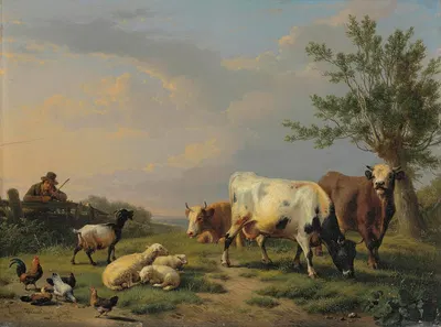 A Farmer With Three Cows, Three Sheep, One Goat And Five Chickens In A Landscape by Южен Жозеф Вербокховен, 1885 — digital…