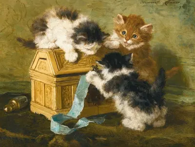Three Kittens With A Casket And Blue Ribbon by Анриэтта Роннер-Книп, 1894 — digital art print download