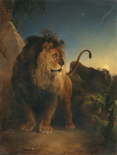 Pair of Lions on a Moonlit Night by Иоганн Фишбах, 1835 — digital art print download