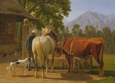 A Horse And Cow At A Well, In The Background Mountain Peak Niesen by Иоганн Якоб Бидерман — digital art print download