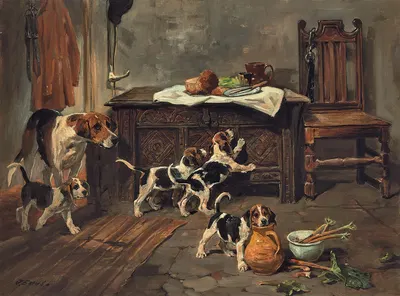 Hounds And Puppies In An Interior by Джон Эмс — digital art print download