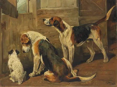 Waiting for the Hunt; a Terrier and Two Hounds by Джон Эмс — digital art print download