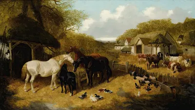Cattle, Pigs, Ducks, Chickens And Horses In A Farmyard by John Frederick Herring Jr., 1851 — digital art print download
