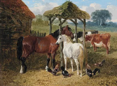Horses, cows and chickens in a farmyard by Джон Фредерик Херринг-младший — digital art print download