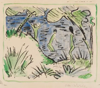 Zwei Knaben im Wasser und ein Mädchen am Ufer by Отто Мюллер, 1918 — digital art print download