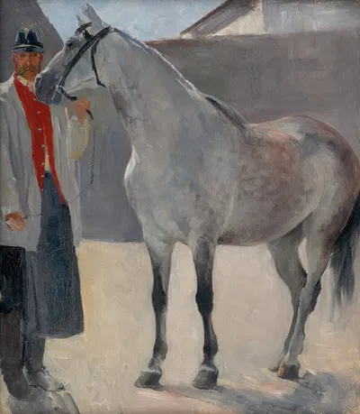 Study of a Grey Horse with a Coachman by Йозеф Ханула, 1895 — digital art print download