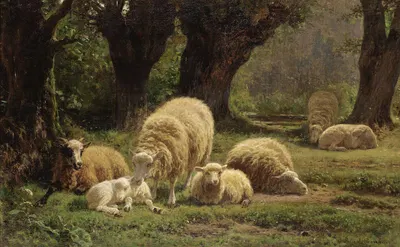 Sheep Grazing In A Wooded Clearing by Juliette Peyrol-Bonheur, 1869 — digital art print download