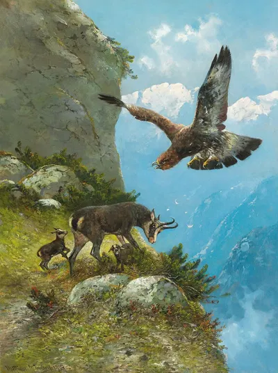 Chamois and Golden Eagle by Moritz Müller II, 1907 — digital art print download