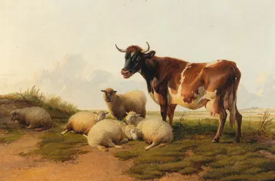 Sheep And Cows In The Meadow by Томас Сидни Купер, 1876 — digital art print download