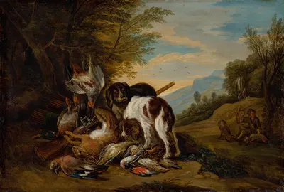 Hunting Still Life in a Landscape by Adriaen de Gryef, 1700–1715 — digital art print download