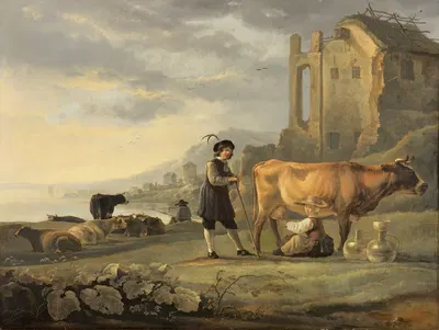 Landscape with Maid Milking a Cow by Аельберт Кёйп — digital art print download