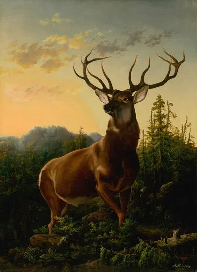 Deer in Forest Landscape by Alexander Brodszky, 1876 — digital art print download