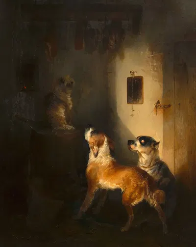 Drei Hunde in einer Fleischkammer by Carl Pischinger, 1861 — digital art print download
