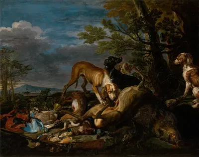Hunting Still Life with Dogs by David de Coninck, 1650 — digital art print download