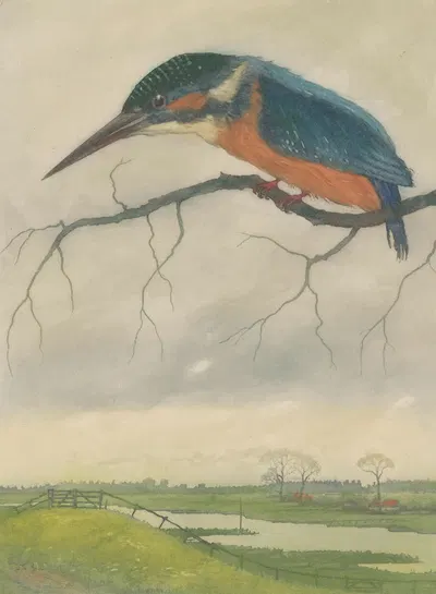 IJsvogel op een tak in een weidelandschap by Франс Эвербаг, 1887 — digital art print download