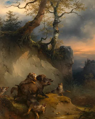 Ein von Wölfen angefallener Eber by Фридрих Август Маттиас Гаурманн — digital art print download