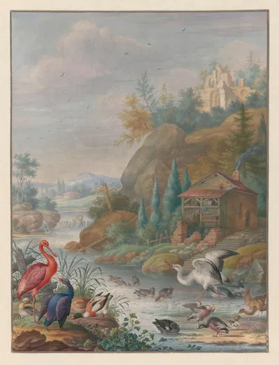 Gevogelte bij een bergstroom by Herman Henstenburgh, 1683 — digital art print download