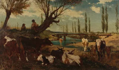 Kuhherde am Wasser by Carl Rudolf Huber, 1872 — digital art print download