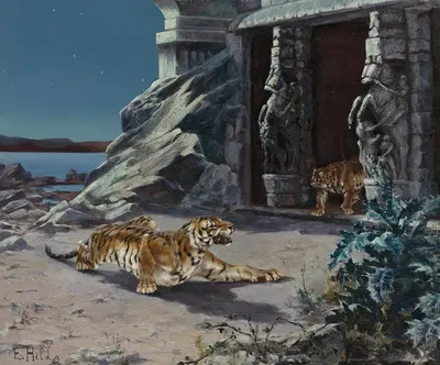 Tigers At A Temple Entrance by E. Baily Hilda — digital art print download