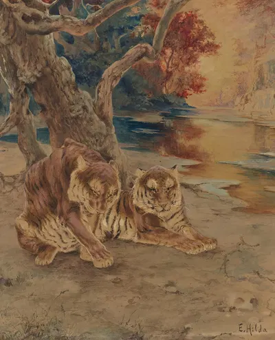 A Pair Of Tigers Resting Under A Tree by E. Baily Hilda — digital art print download